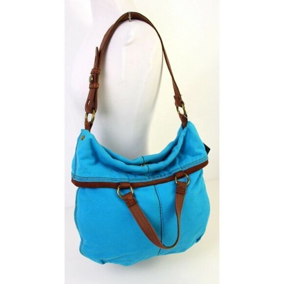 LUCKY BRAND BANDIT FOLDOVER BLUE COTTON BROWN LEATHER TOTE SHOULDER BAG HANDBAG - Picture 4 of 12